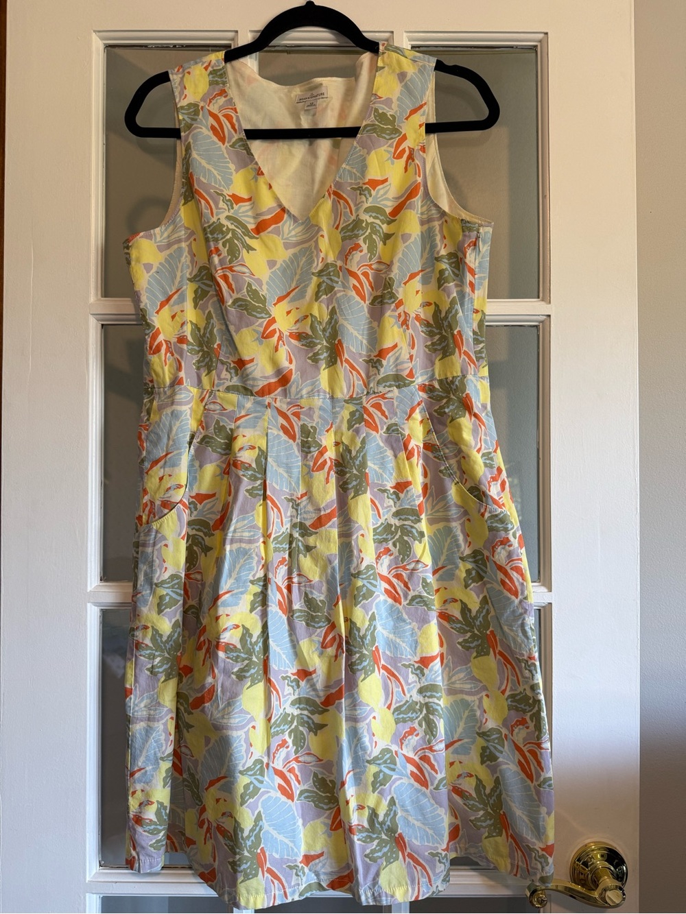L.L. Bean Signature Yellow Floral V-Neck Fit and Flare Midi Dress